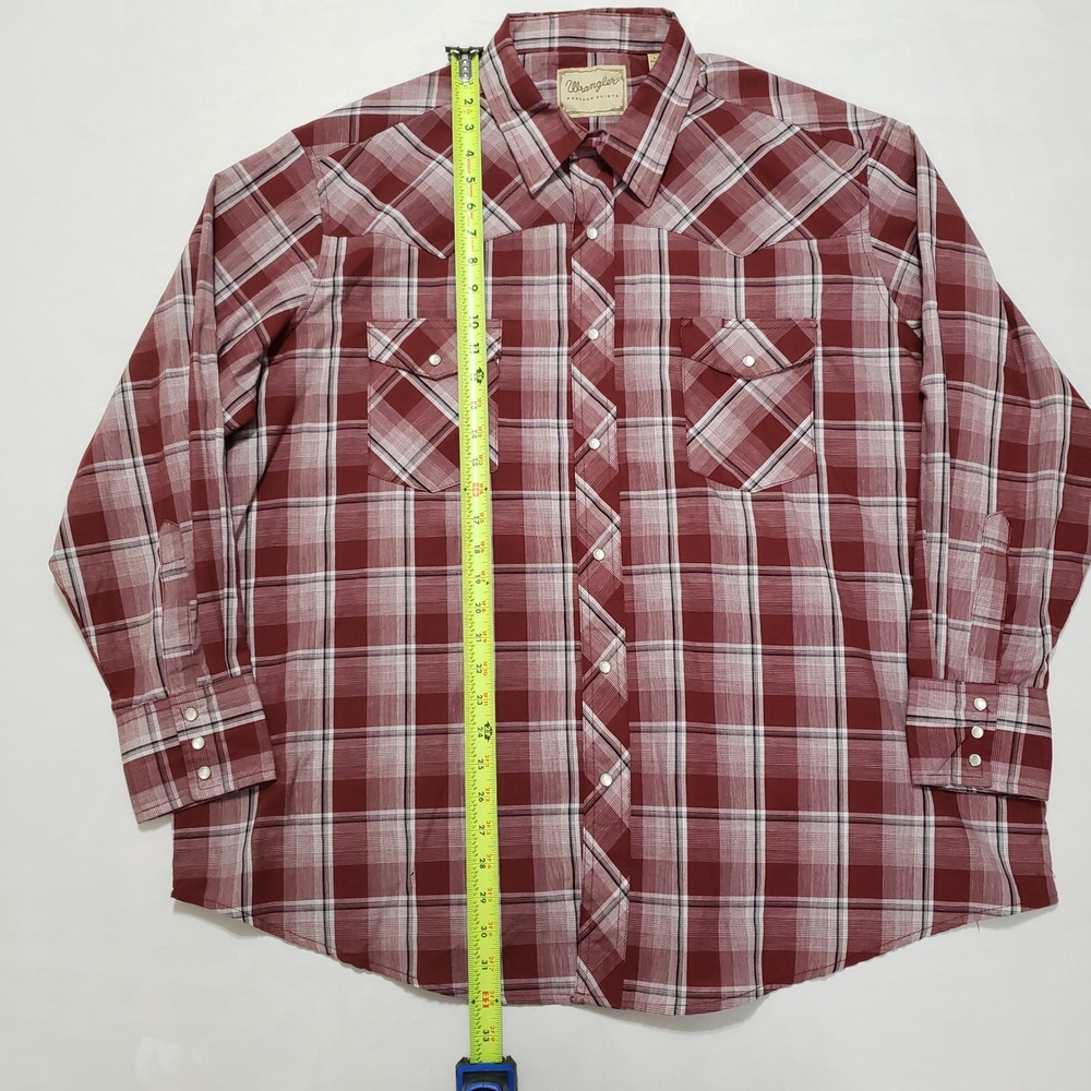 Wrangler Western Shirts Men's‎ 2XL Long Sleeve Plaid Pearl Snap Shirt Burgundy - Picture 11 of 13